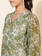 Janasya Olive Georgette Floral Printed A-Line Casual Dress | Grocsy