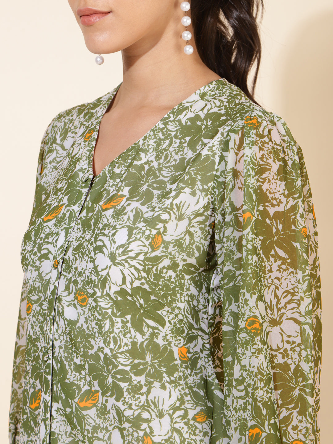 Janasya Olive Georgette Floral Printed A-Line Casual Dress | Grocsy