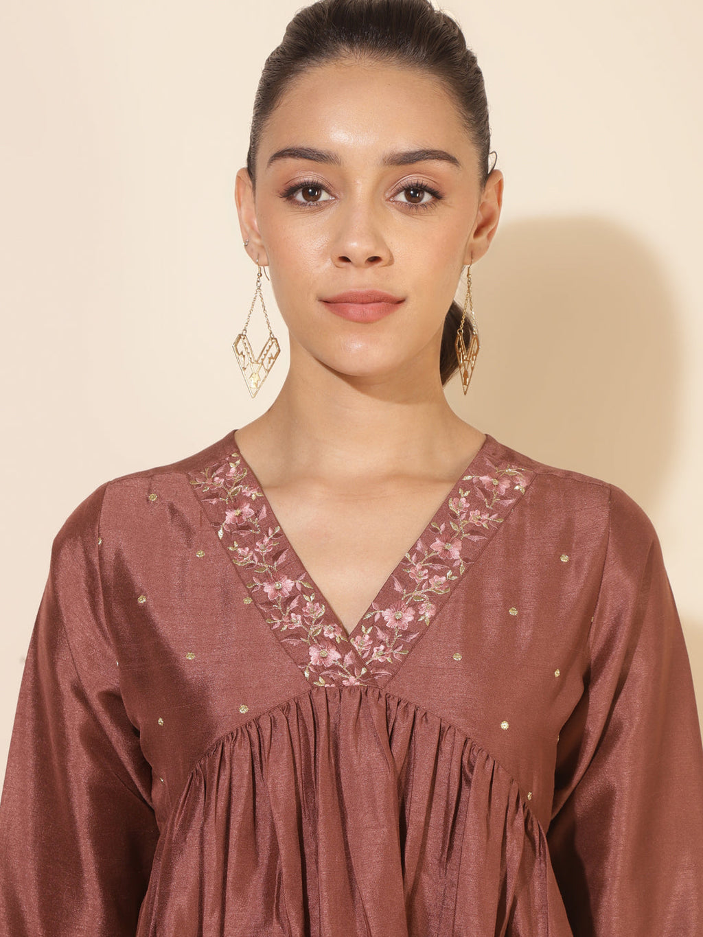 Janasya Brown Crepe Silk Embellished Empire Kurta | Grocsy