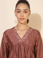 Janasya Brown Crepe Silk Embellished Empire Kurta | Grocsy