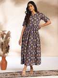 Janasya Dark Blue Cotton Floral Printed Gathered Dress | Grocsy