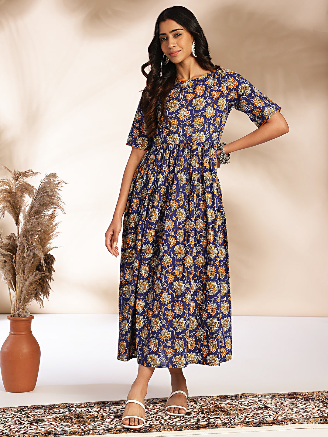 Janasya Dark Blue Cotton Floral Printed Gathered Dress | Grocsy