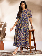 Janasya Dark Blue Cotton Floral Printed Gathered Dress | Grocsy