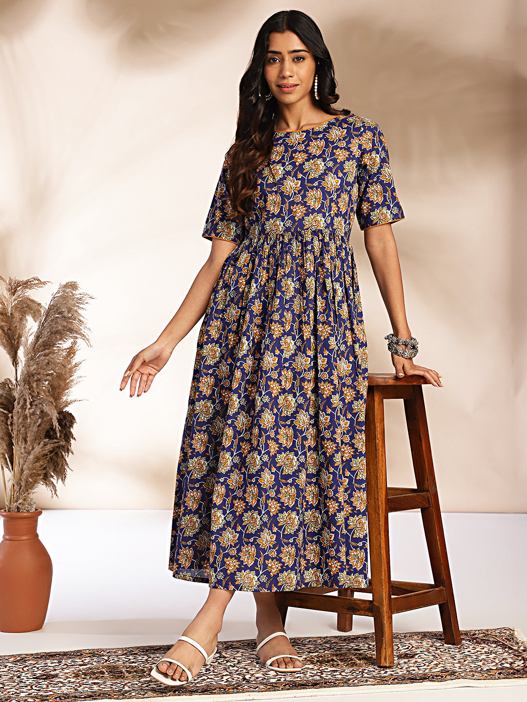 Janasya Dark Blue Cotton Floral Printed Gathered Dress | Grocsy