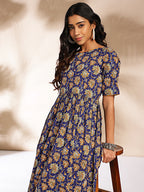 Janasya Dark Blue Cotton Floral Printed Gathered Dress | Grocsy