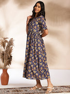 Janasya Dark Blue Cotton Floral Printed Gathered Dress | Grocsy