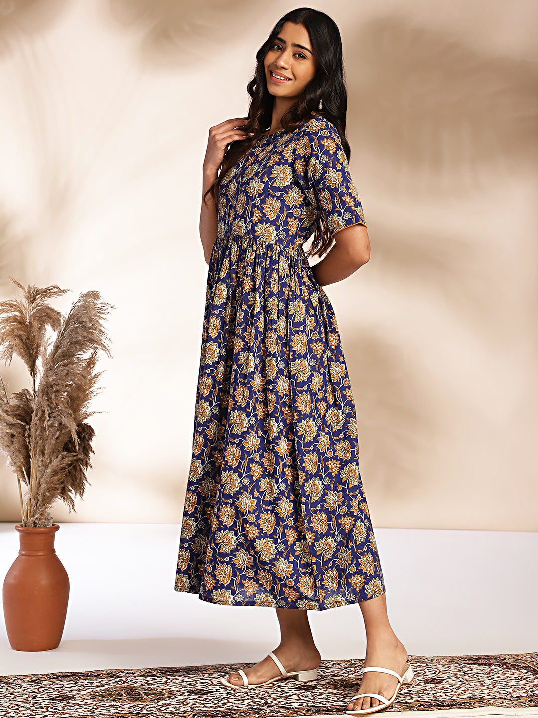 Janasya Dark Blue Cotton Floral Printed Gathered Dress | Grocsy