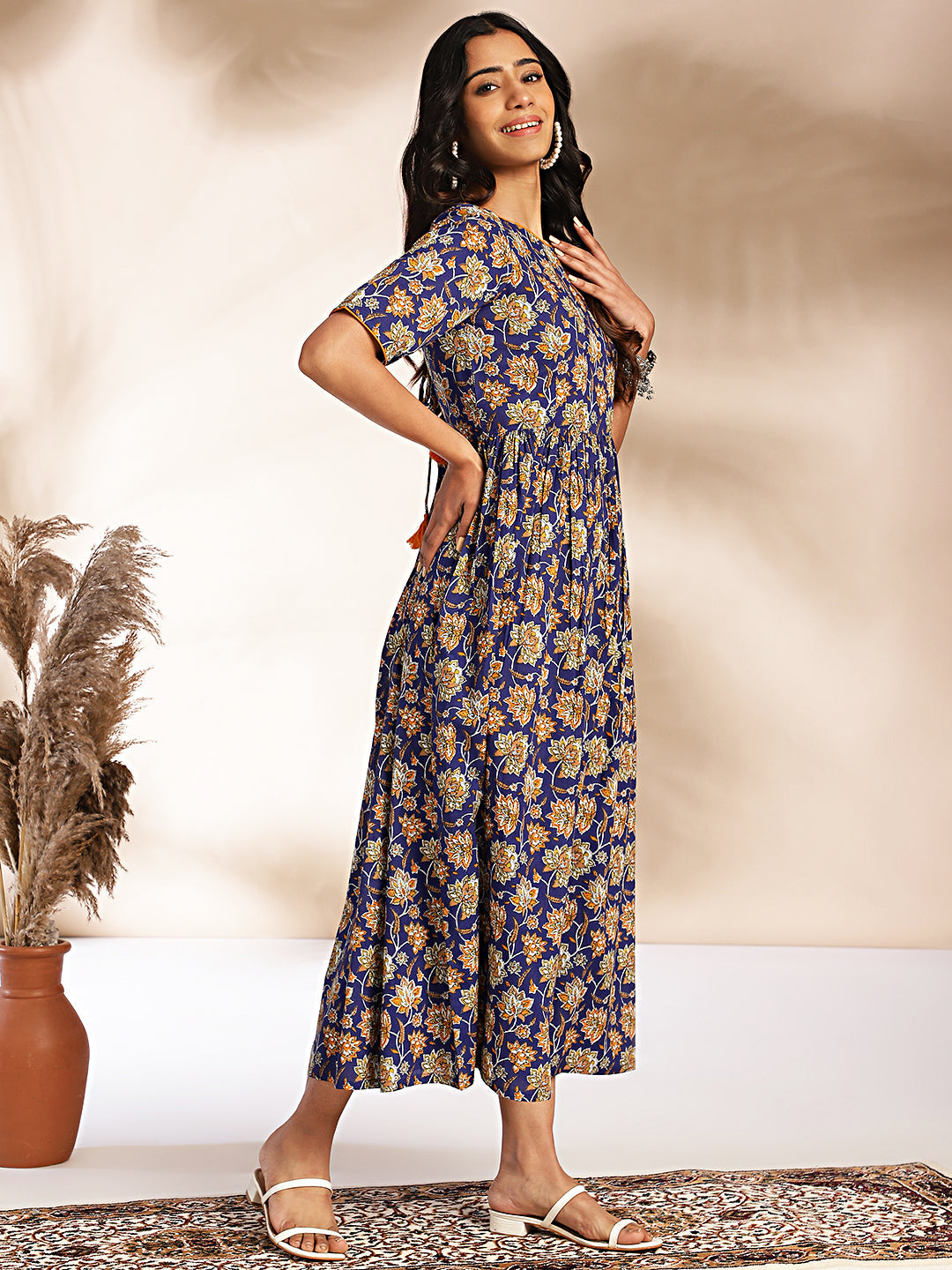 Janasya Dark Blue Cotton Floral Printed Gathered Dress | Grocsy