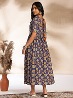 Janasya Dark Blue Cotton Floral Printed Gathered Dress | Grocsy
