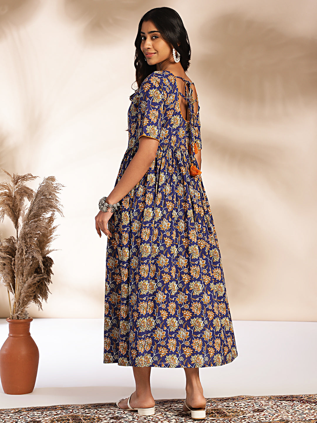 Janasya Dark Blue Cotton Floral Printed Gathered Dress | Grocsy