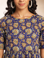 Janasya Dark Blue Cotton Floral Printed Gathered Dress | Grocsy
