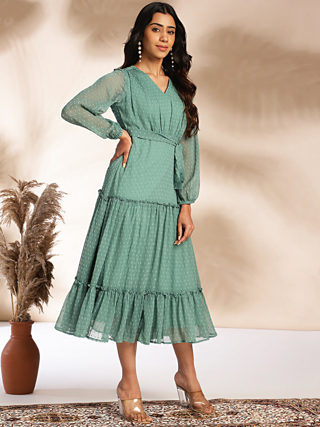 Janasya Sage Dobby Chiffon Solid Tiered Dress | Grocsy