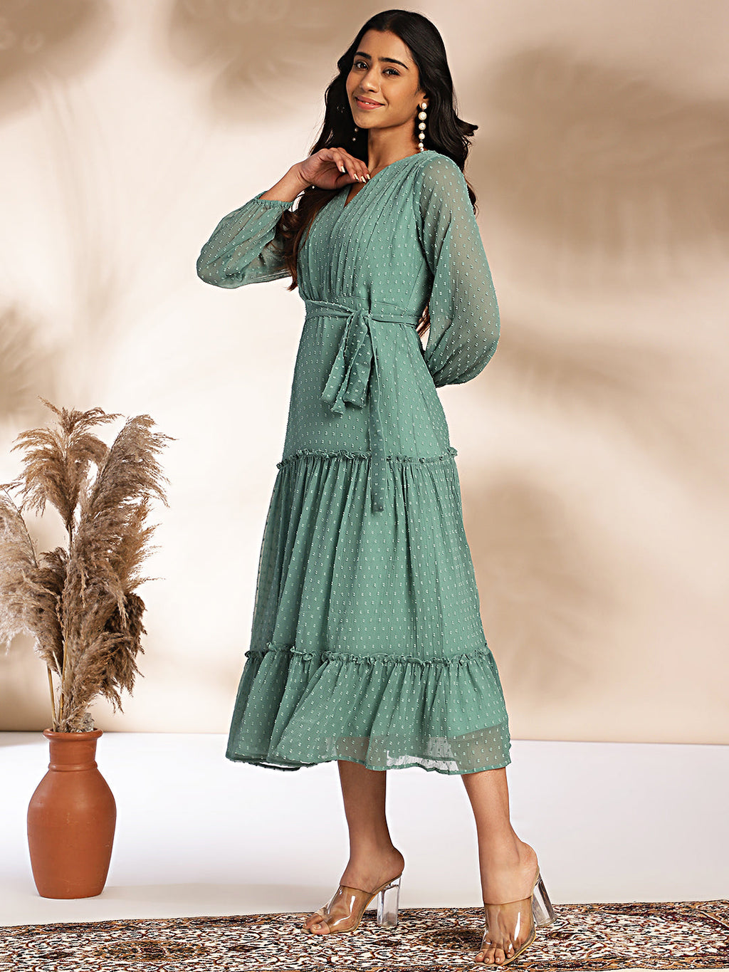 Janasya Sage Dobby Chiffon Solid Tiered Dress | Grocsy