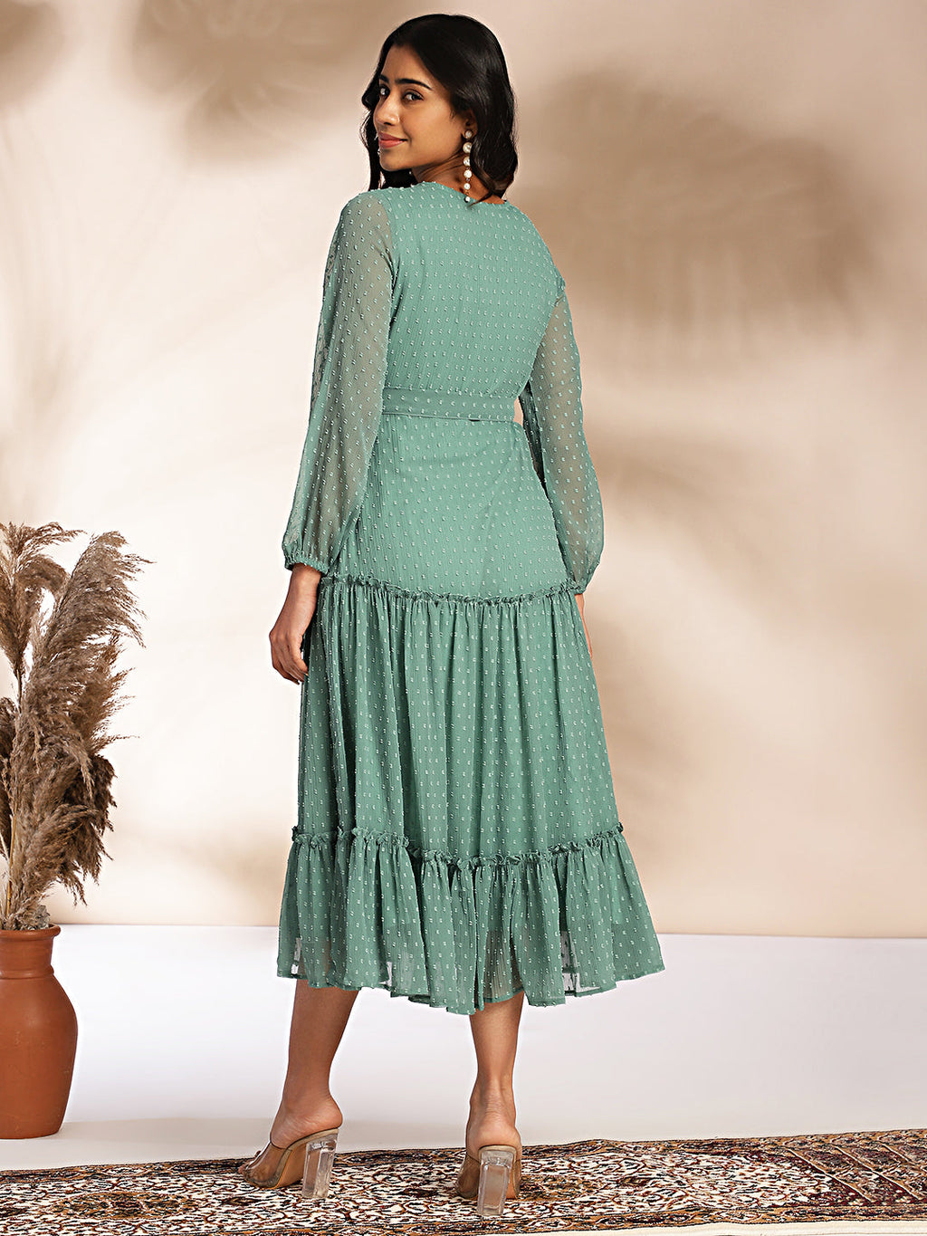 Janasya Sage Dobby Chiffon Solid Tiered Dress | Grocsy