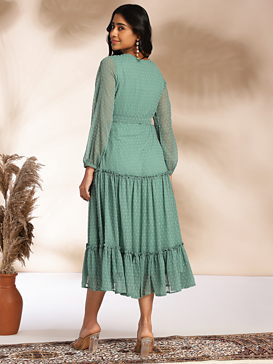 Janasya Sage Dobby Chiffon Solid Tiered Dress | Grocsy