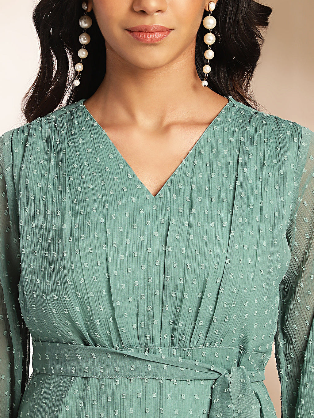 Janasya Sage Dobby Chiffon Solid Tiered Dress | Grocsy