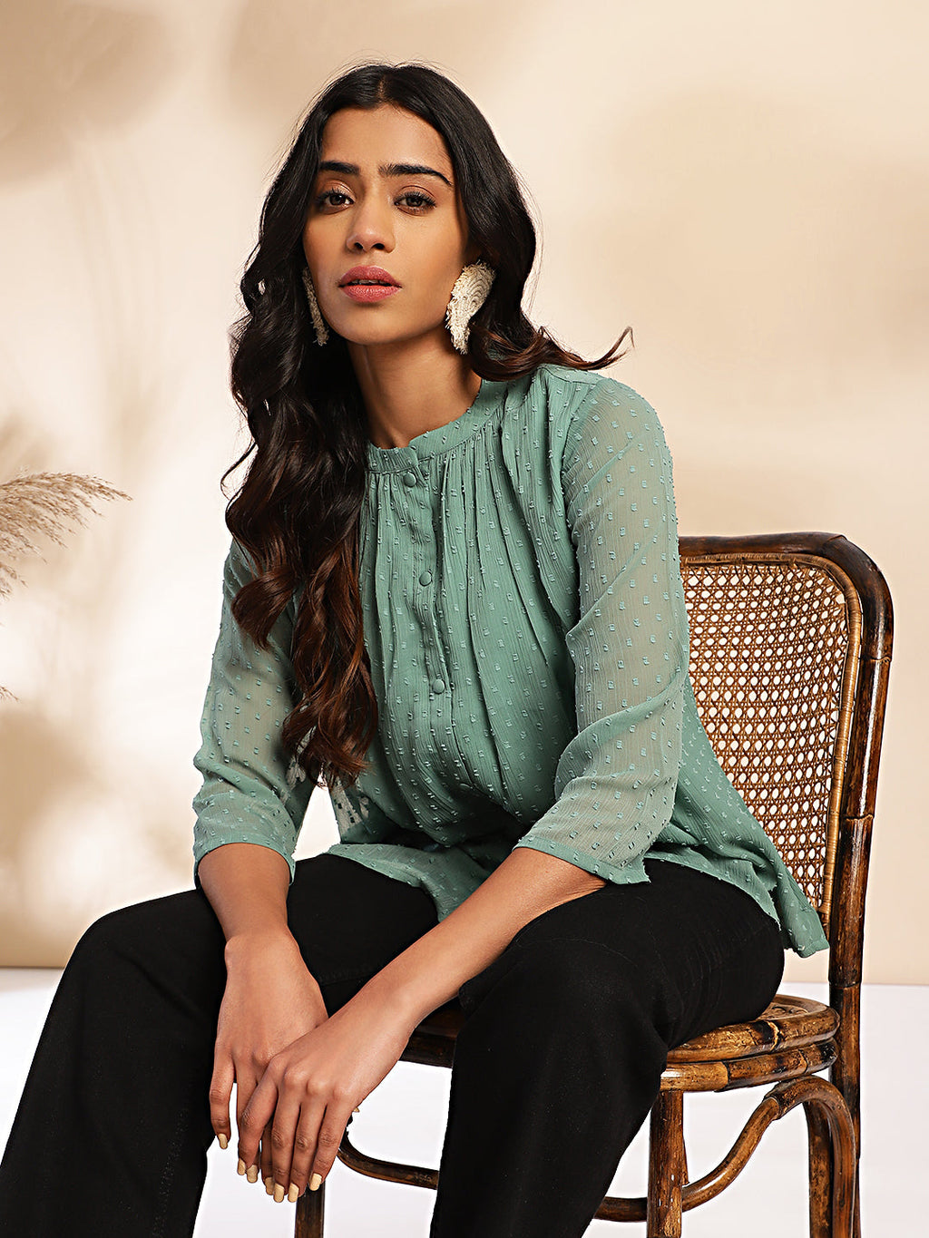 Janasya Sage Dobby Chiffon Woven Design Regular Top | Grocsy