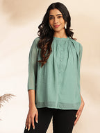 Janasya Sage Dobby Chiffon Woven Design Regular Top | Grocsy