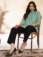 Janasya Sage Dobby Chiffon Woven Design Regular Top | Grocsy