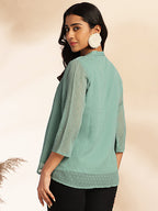Janasya Sage Dobby Chiffon Woven Design Regular Top | Grocsy