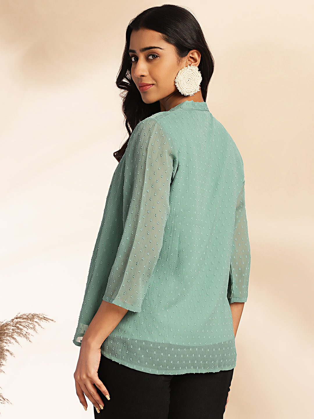 Janasya Sage Dobby Chiffon Woven Design Regular Top | Grocsy