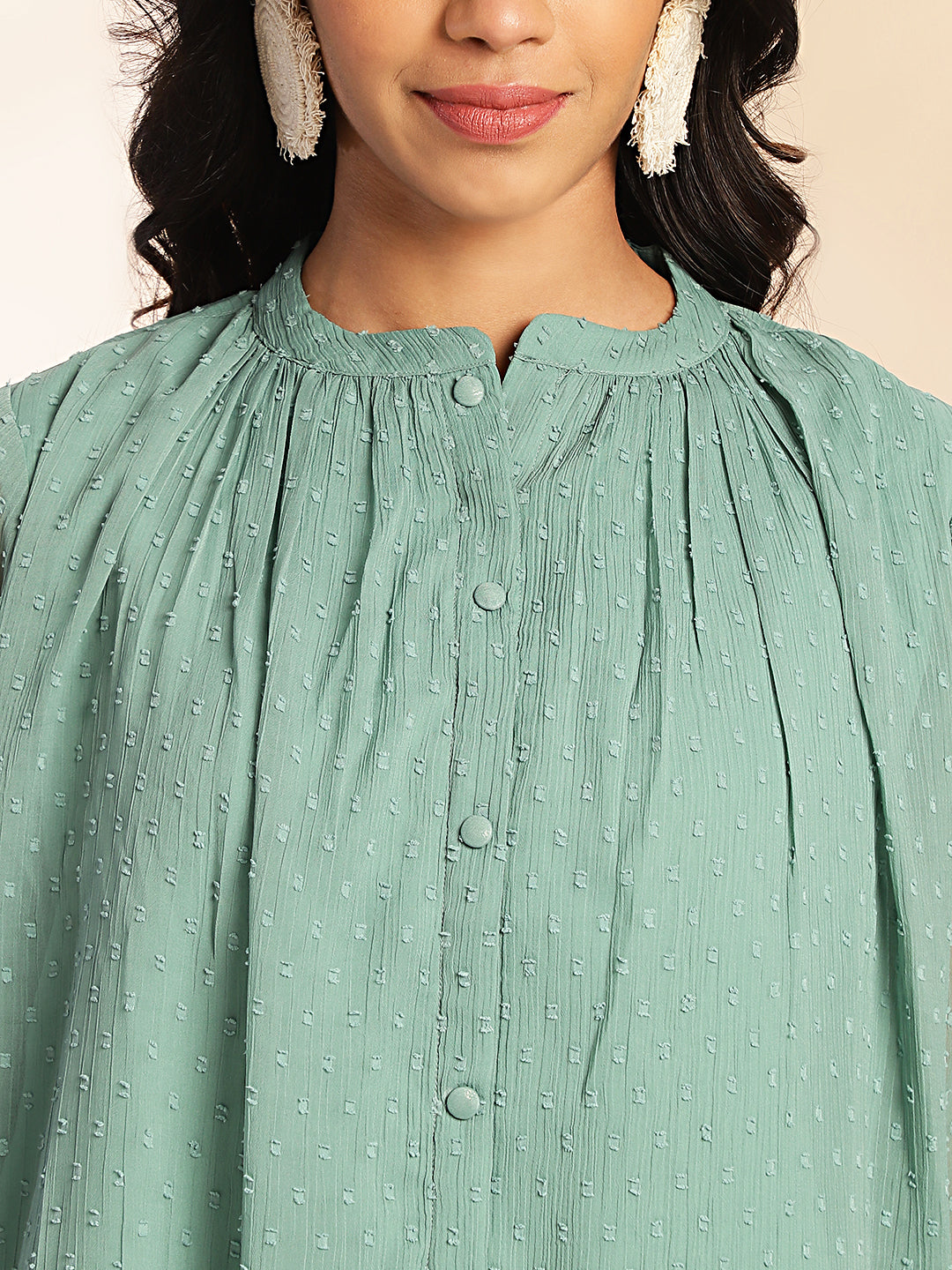 Janasya Sage Dobby Chiffon Woven Design Regular Top | Grocsy