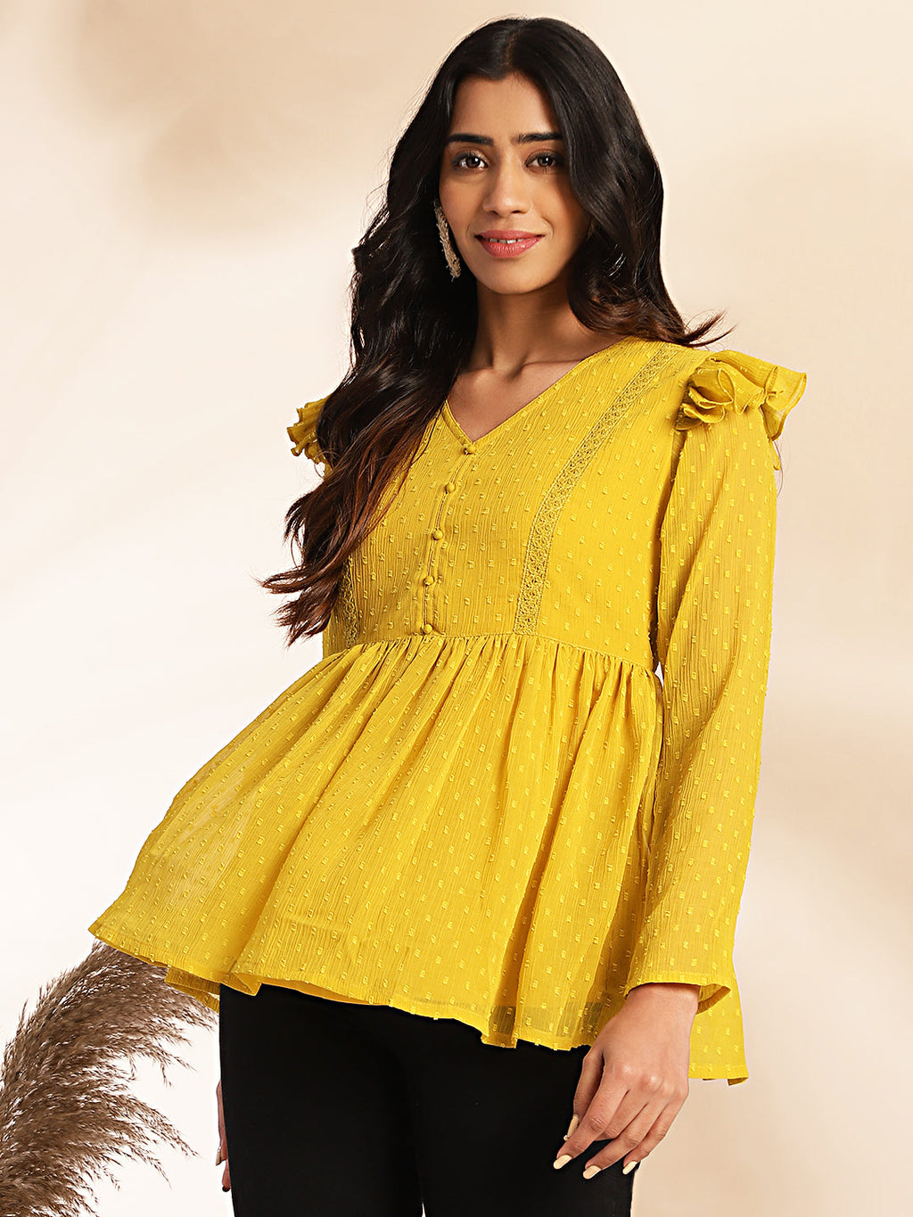 Janasya Mustard Dobby Chiffon Self Design Peplum Top | Grocsy
