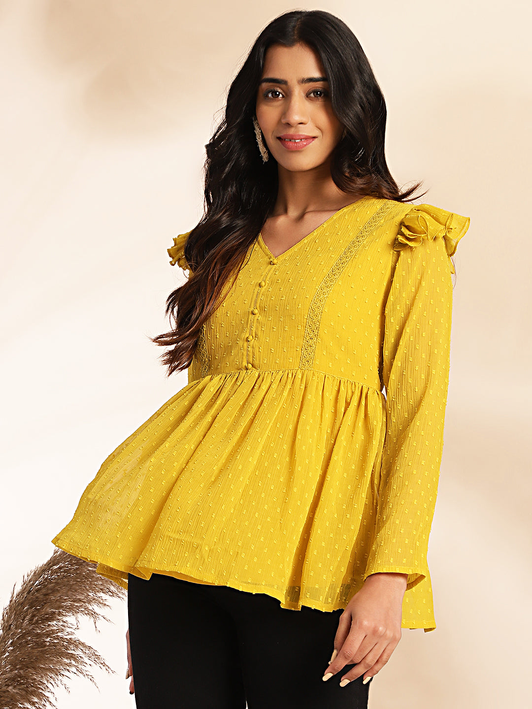 Janasya Mustard Dobby Chiffon Self Design Peplum Top | Grocsy