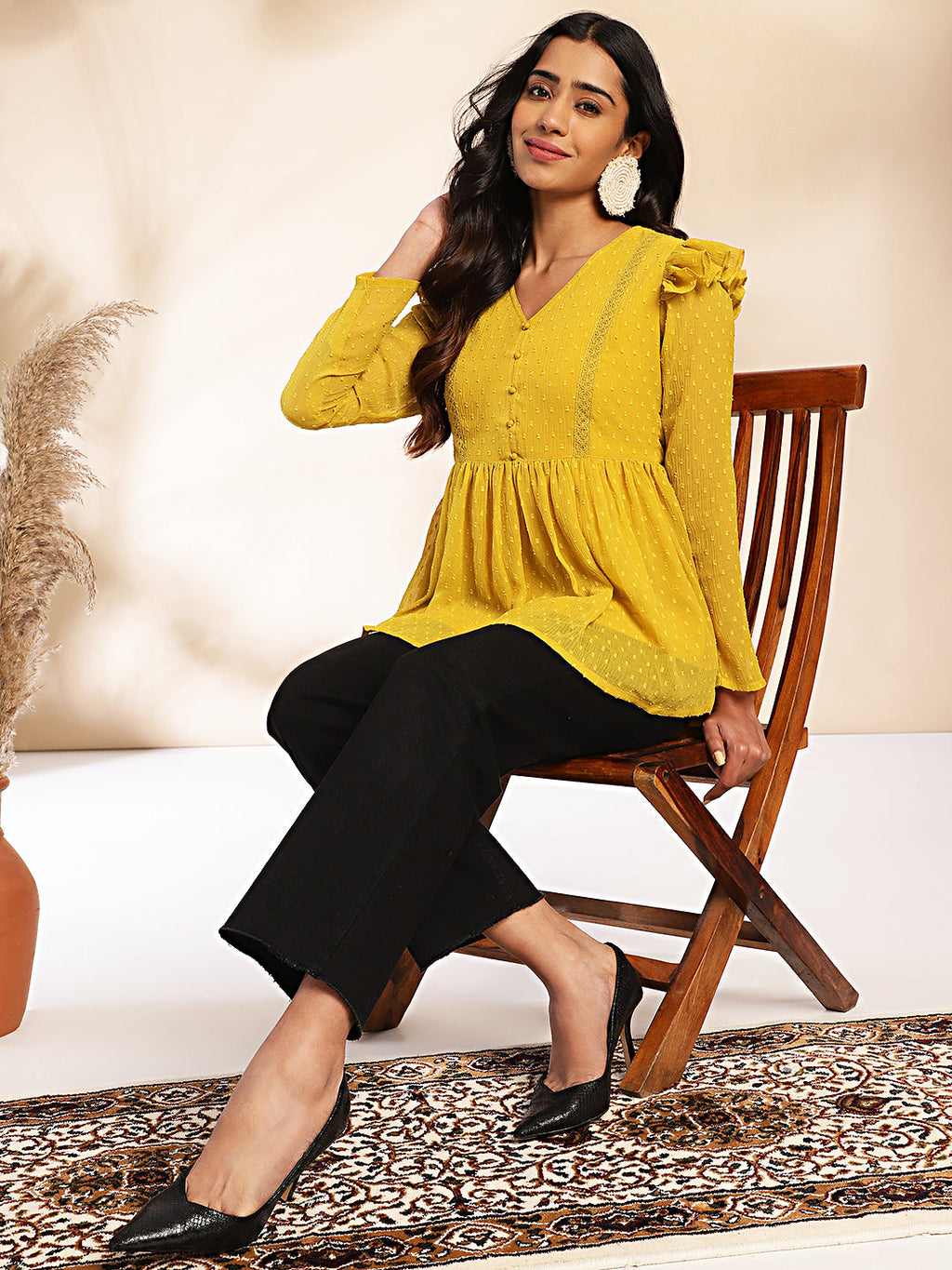 Janasya Mustard Dobby Chiffon Self Design Peplum Top | Grocsy