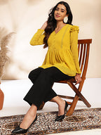 Janasya Mustard Dobby Chiffon Self Design Peplum Top | Grocsy