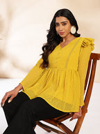 Janasya Mustard Dobby Chiffon Self Design Peplum Top | Grocsy