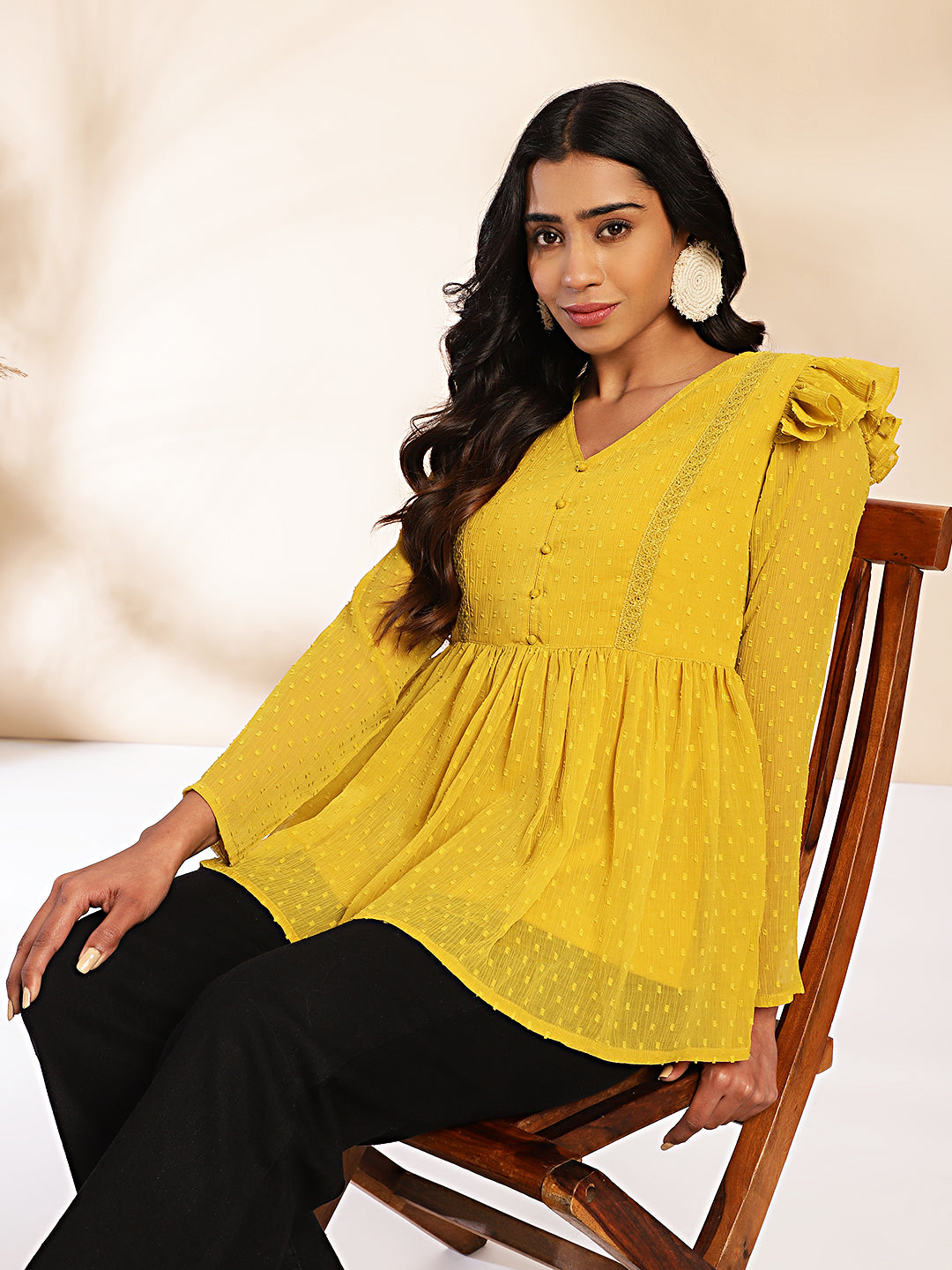 Janasya Mustard Dobby Chiffon Self Design Peplum Top | Grocsy