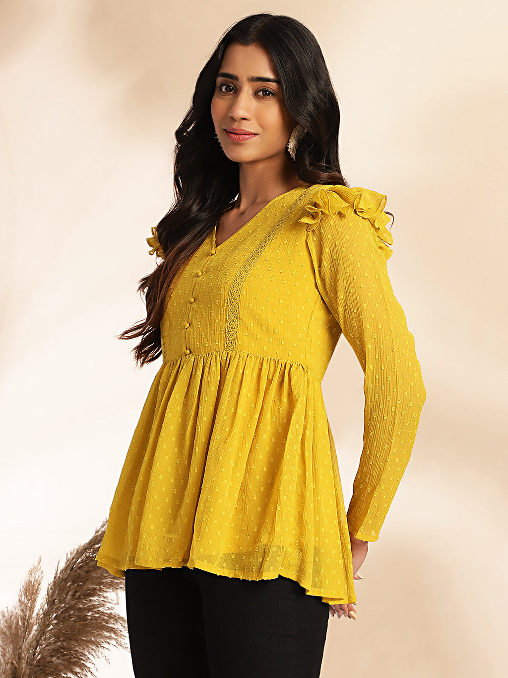Janasya Mustard Dobby Chiffon Self Design Peplum Top | Grocsy