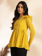 Janasya Mustard Dobby Chiffon Self Design Peplum Top | Grocsy