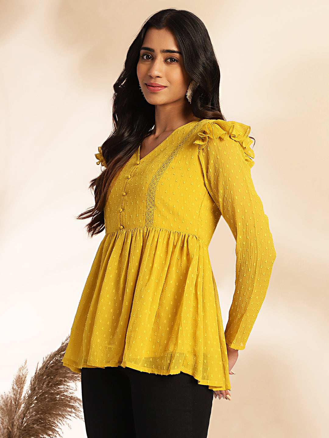 Janasya Mustard Dobby Chiffon Self Design Peplum Top | Grocsy