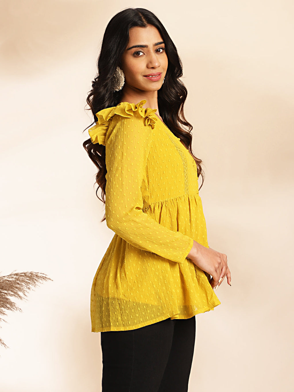 Janasya Mustard Dobby Chiffon Self Design Peplum Top | Grocsy