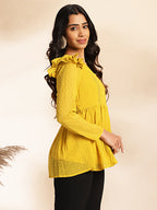 Janasya Mustard Dobby Chiffon Self Design Peplum Top | Grocsy