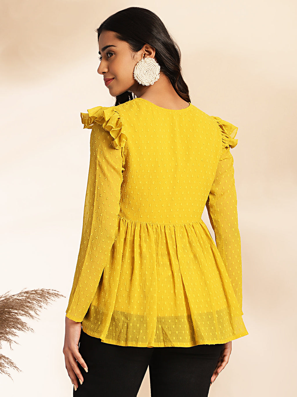 Janasya Mustard Dobby Chiffon Self Design Peplum Top | Grocsy