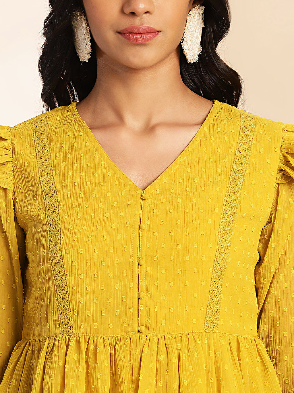 Janasya Mustard Dobby Chiffon Self Design Peplum Top | Grocsy