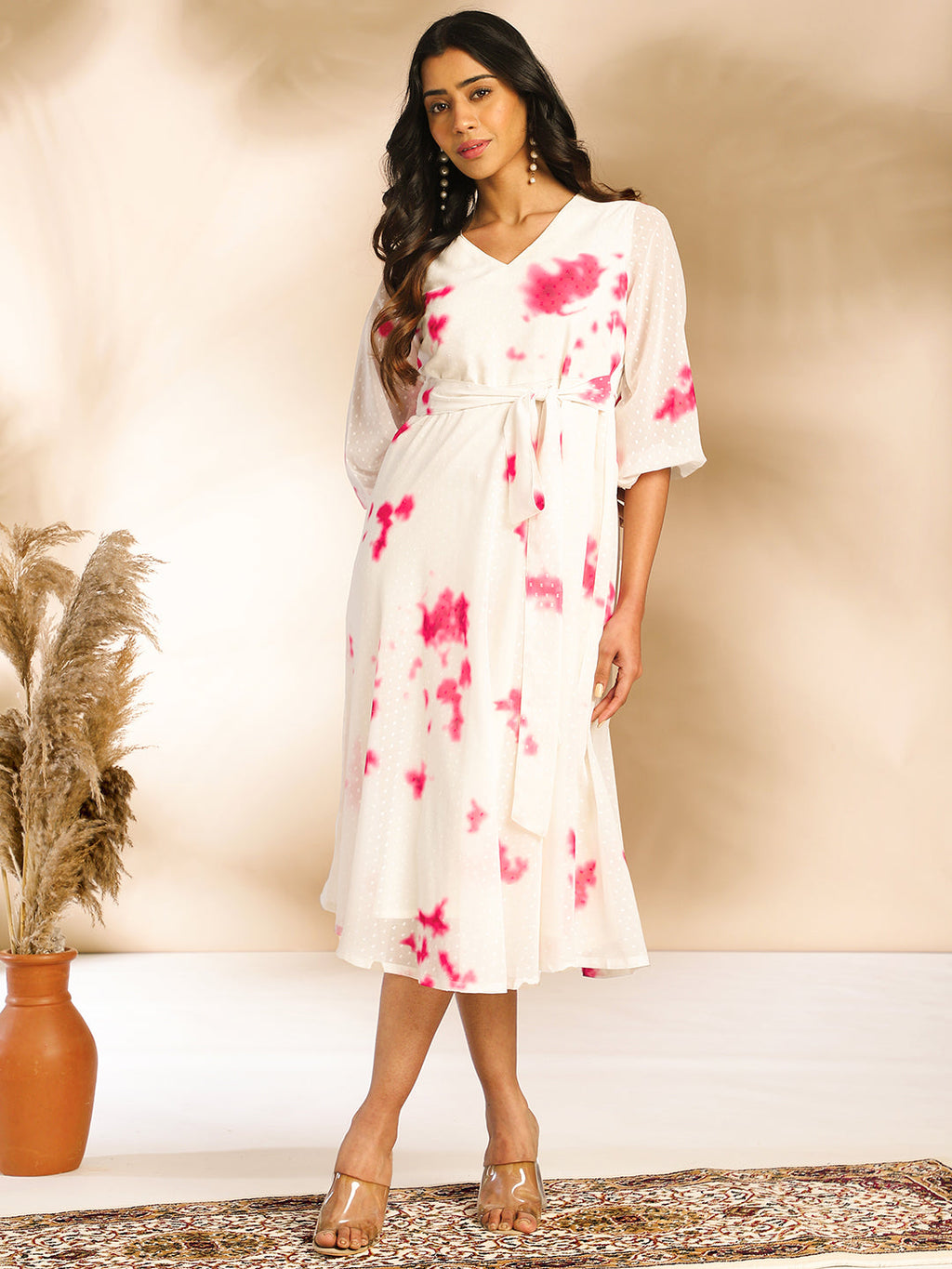 Janasya Off White Dobby Georgette Tie & Dye Fit & Flare Dress | Grocsy