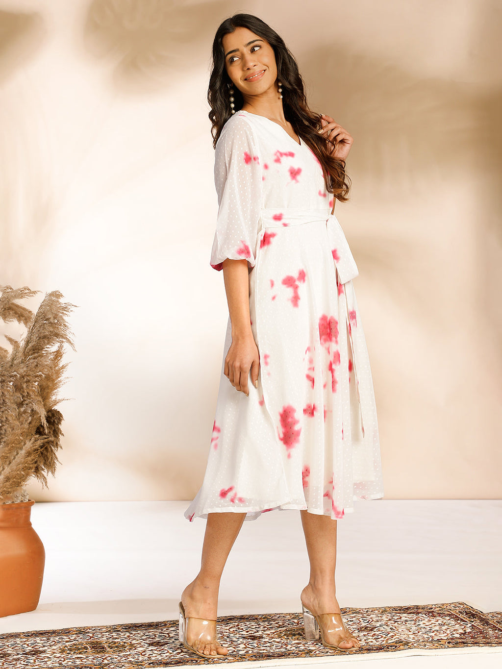 Janasya Off White Dobby Georgette Tie & Dye Fit & Flare Dress | Grocsy