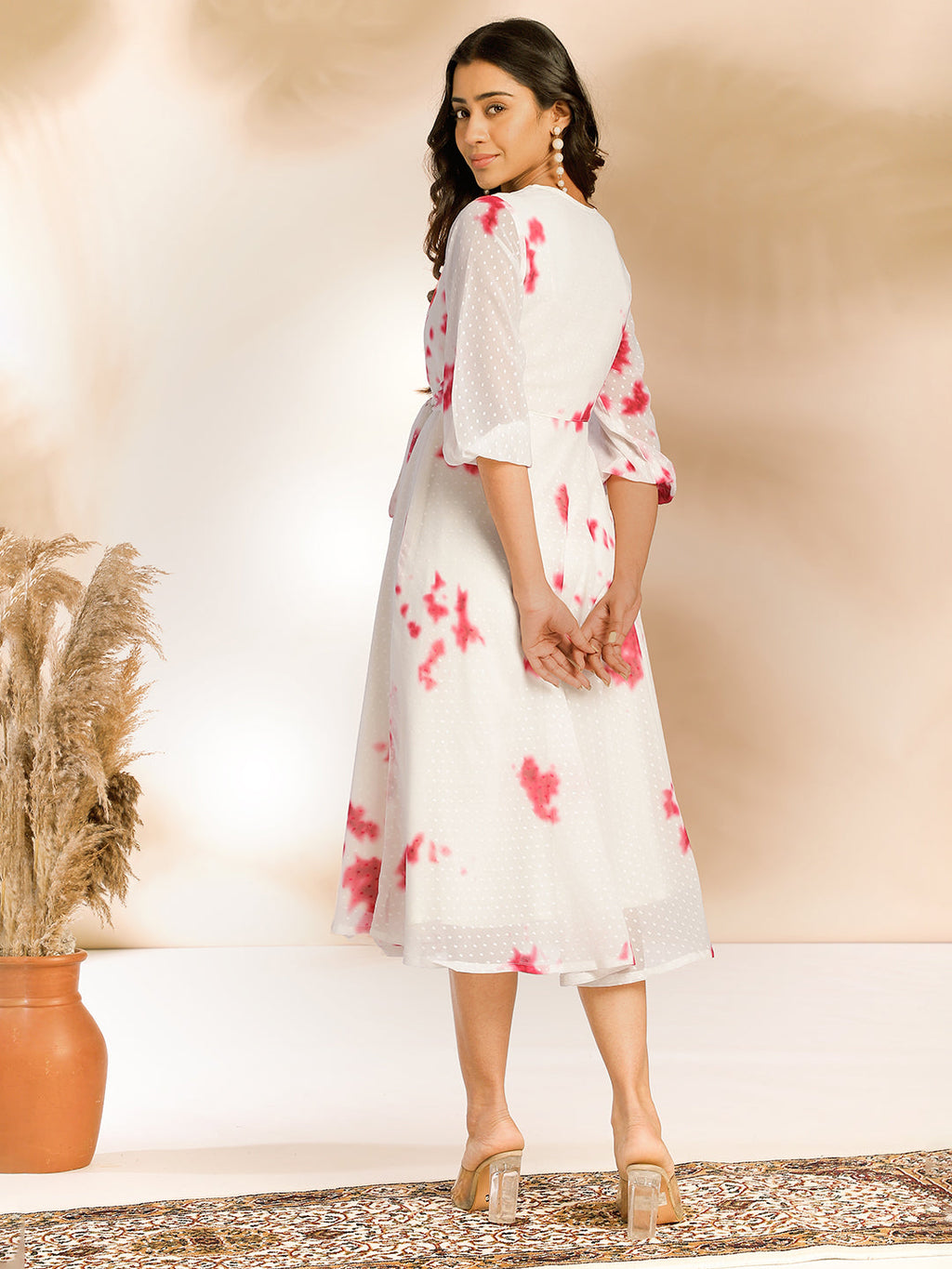 Janasya Off White Dobby Georgette Tie & Dye Fit & Flare Dress | Grocsy