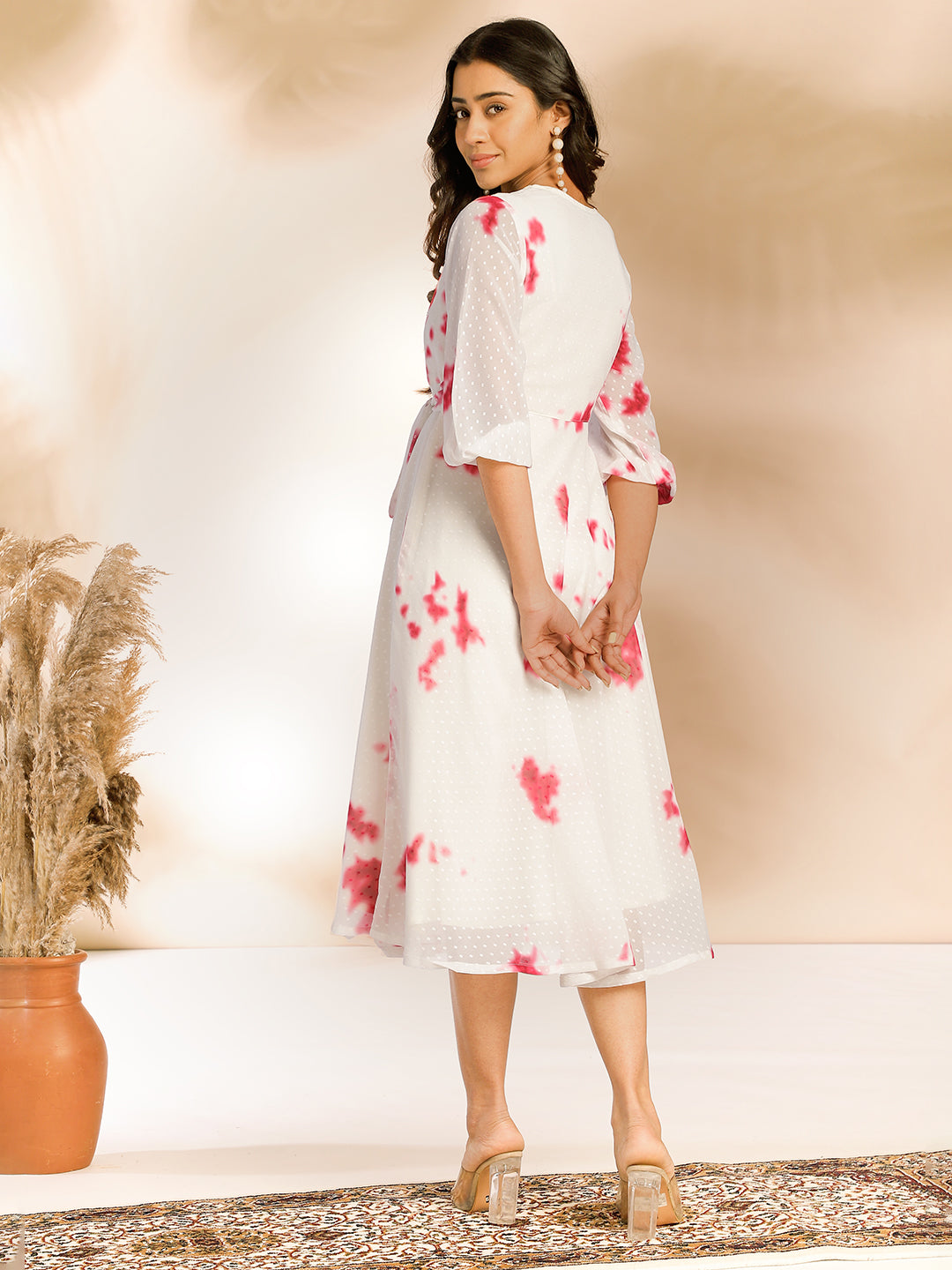 Janasya Off White Dobby Georgette Tie & Dye Fit & Flare Dress | Grocsy