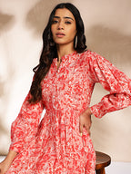 Janasya Pink Cotton Floral Fit & Flare Dress | Grocsy