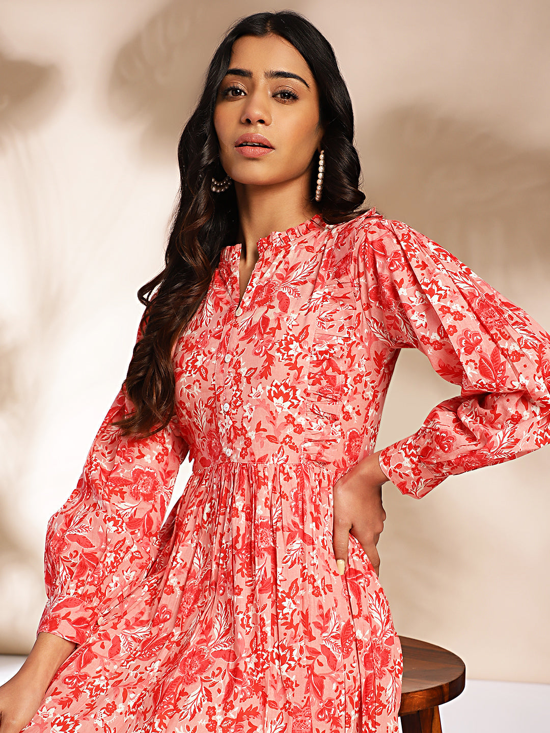 Janasya Pink Cotton Floral Fit & Flare Dress | Grocsy