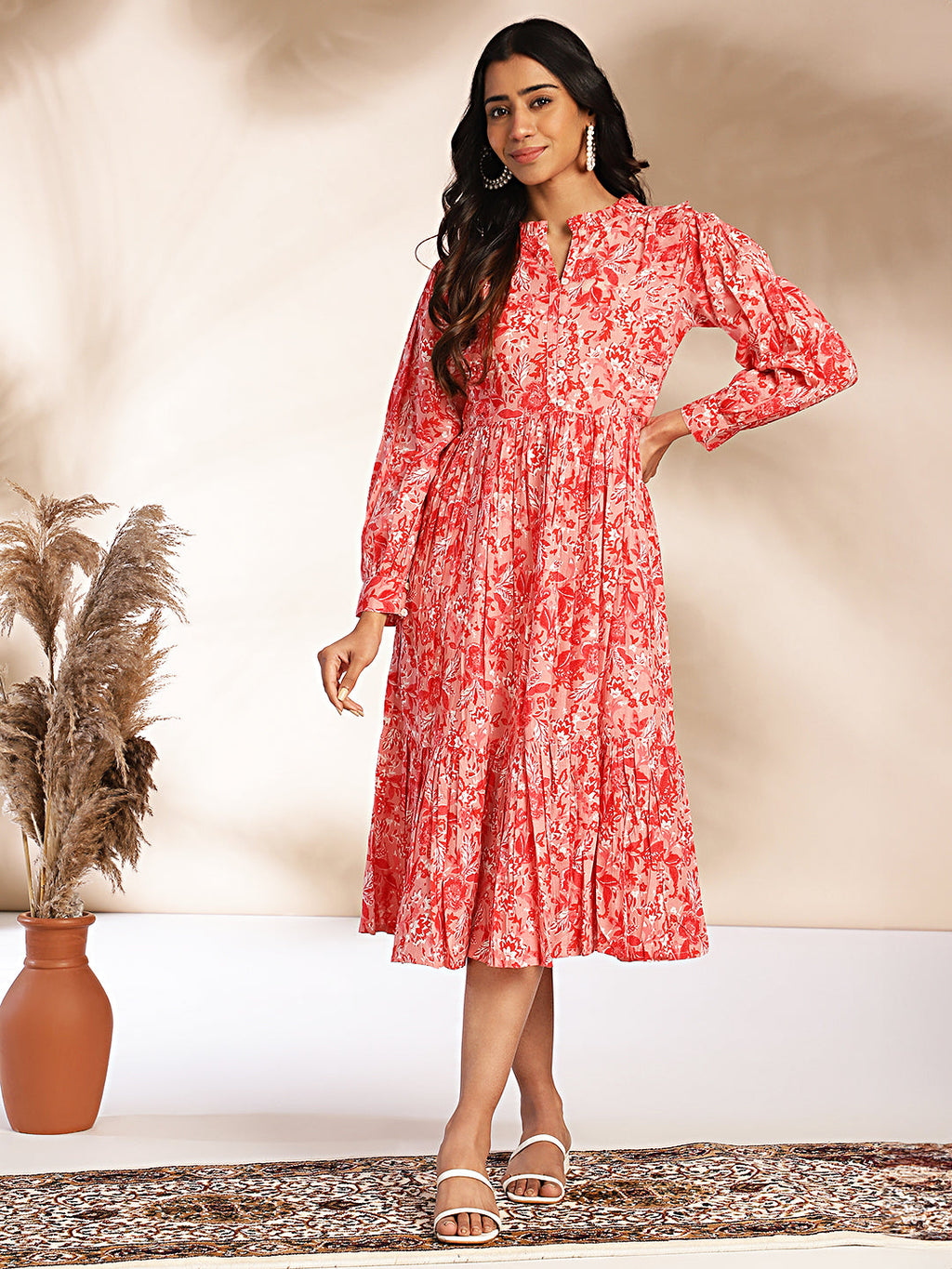 Janasya Pink Cotton Floral Fit & Flare Dress | Grocsy
