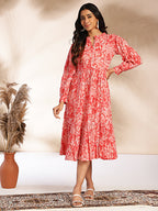 Janasya Pink Cotton Floral Fit & Flare Dress | Grocsy