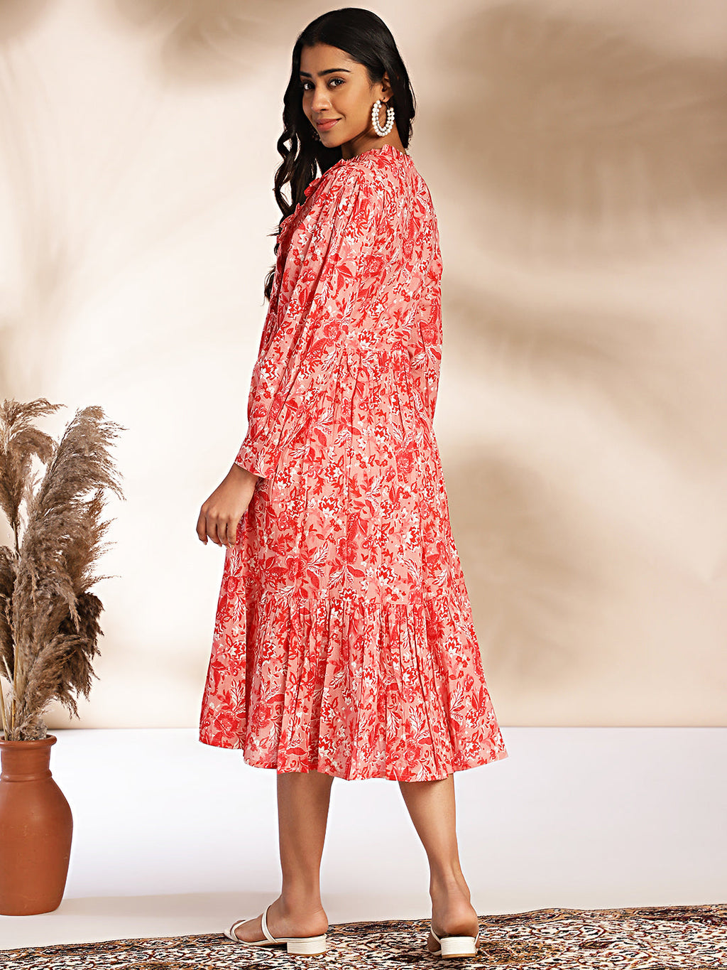 Janasya Pink Cotton Floral Fit & Flare Dress | Grocsy