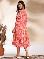 Janasya Pink Cotton Floral Fit & Flare Dress | Grocsy