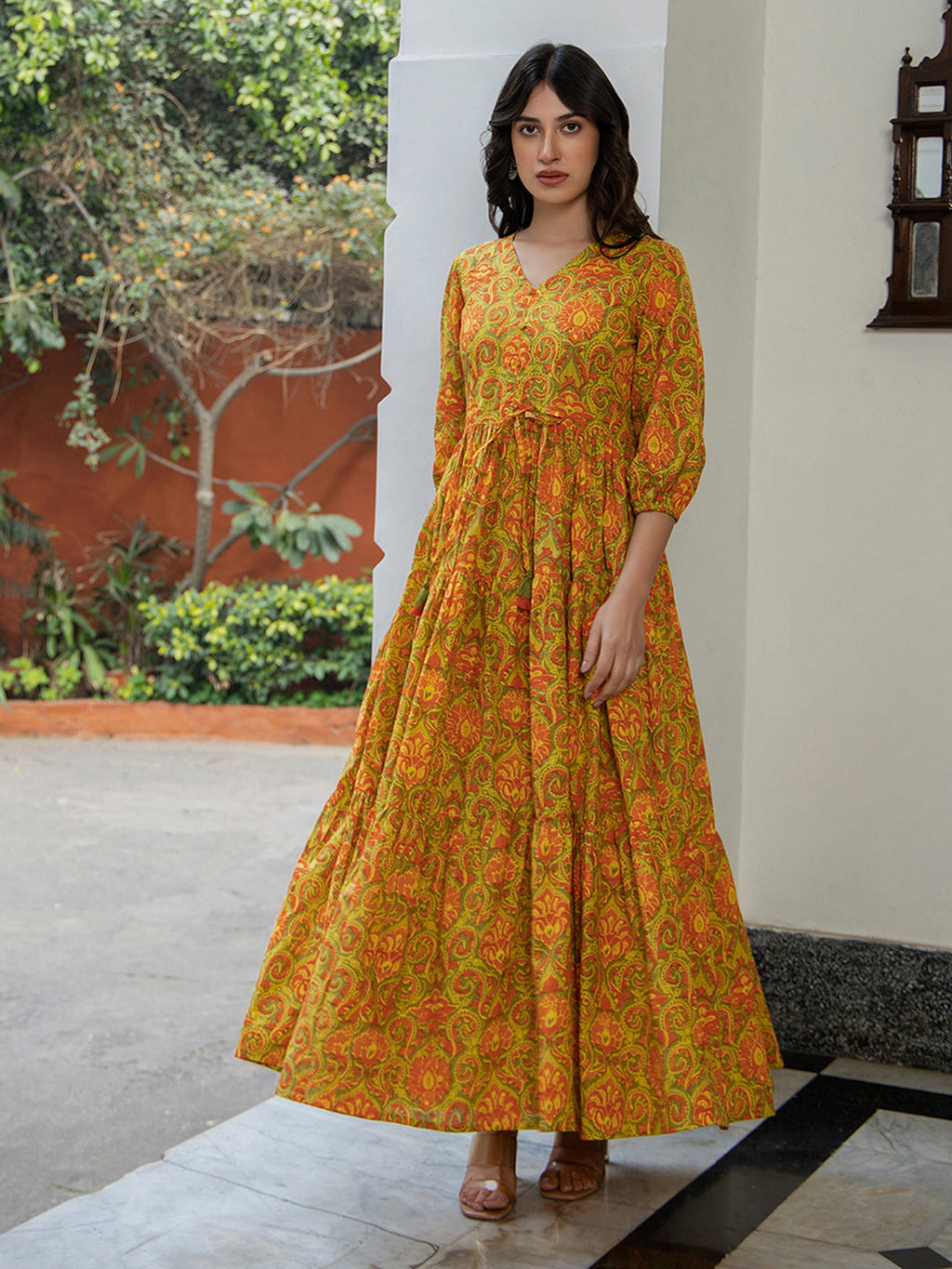 Janasya Green Cotton Printed Tiered Dress | Grocsy